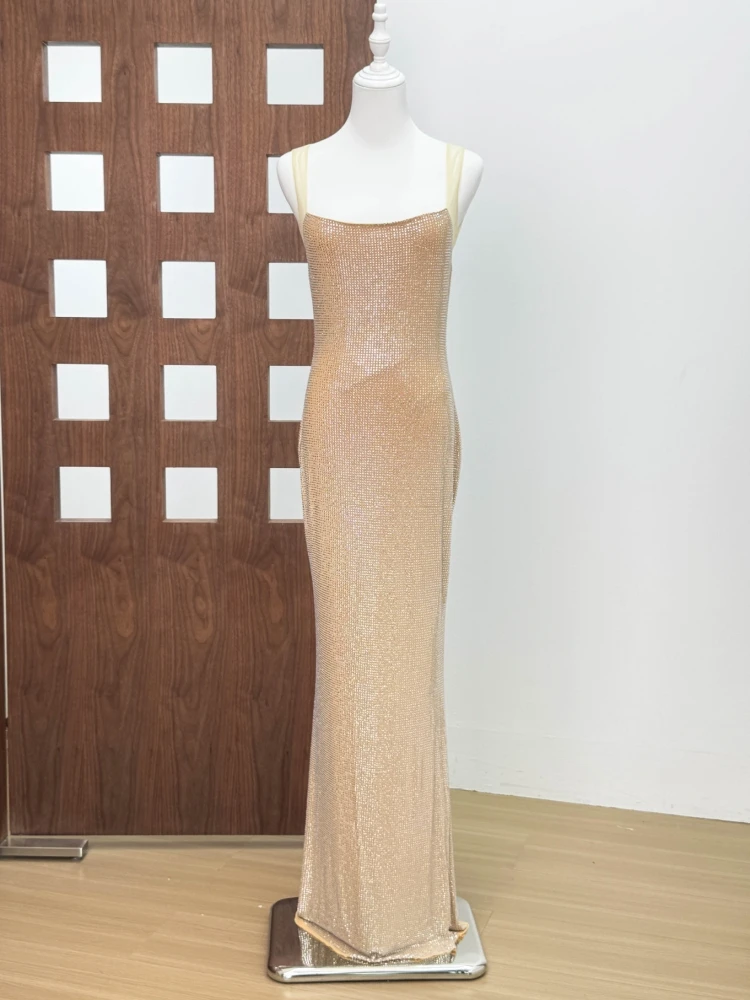 Sexy Square Collar Mesh Patchwork Diamonds Long Dress Women Backless Shiny Rhinestone Slim Dresses Evening Party Cocktail Gowns