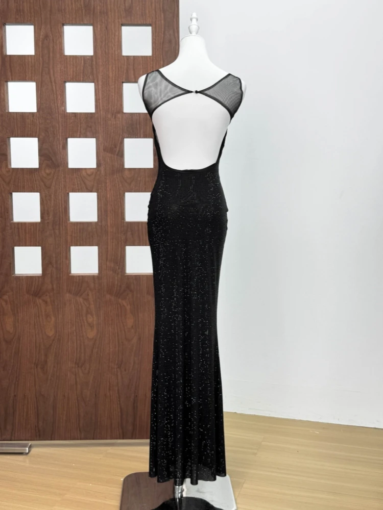 Sexy Square Collar Mesh Patchwork Diamonds Long Dress Women Backless Shiny Rhinestone Slim Dresses Evening Party Cocktail Gowns