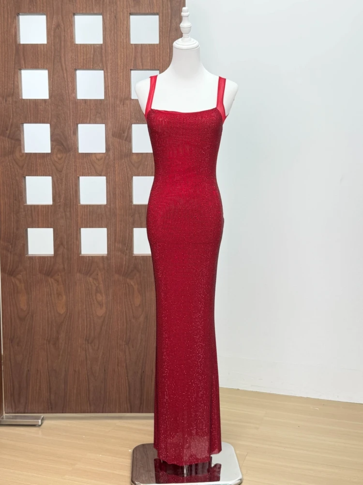 Sexy Square Collar Mesh Patchwork Diamonds Long Dress Women Backless Shiny Rhinestone Slim Dresses Evening Party Cocktail Gowns