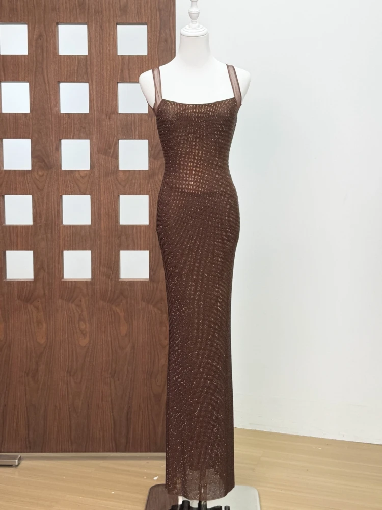 Sexy Square Collar Mesh Patchwork Diamonds Long Dress Women Backless Shiny Rhinestone Slim Dresses Evening Party Cocktail Gowns