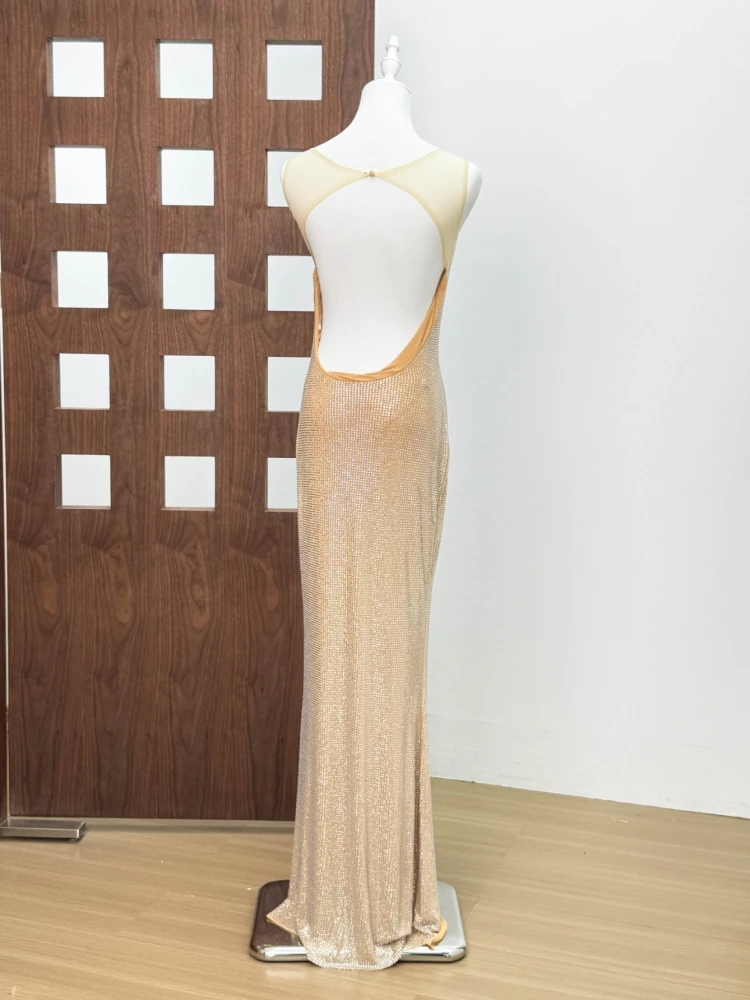 Sexy Square Collar Mesh Patchwork Diamonds Long Dress Women Backless Shiny Rhinestone Slim Dresses Evening Party Cocktail Gowns