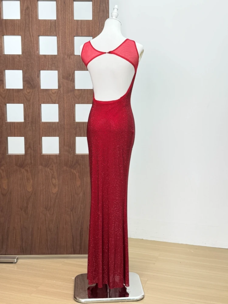 Sexy Square Collar Mesh Patchwork Diamonds Long Dress Women Backless Shiny Rhinestone Slim Dresses Evening Party Cocktail Gowns