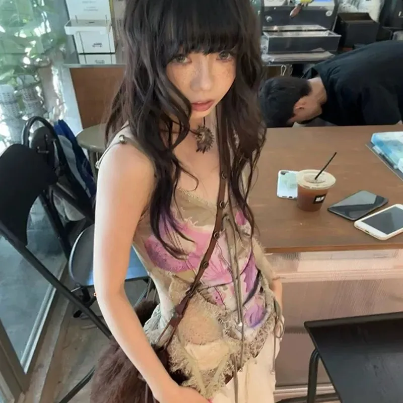 Genayooa Gothic Tank Tops Women Sleeveless Tie Dye Y2k Vintage Crop Tops Streetwear 2000s Japanese Lace Up Camis E-girls Summer