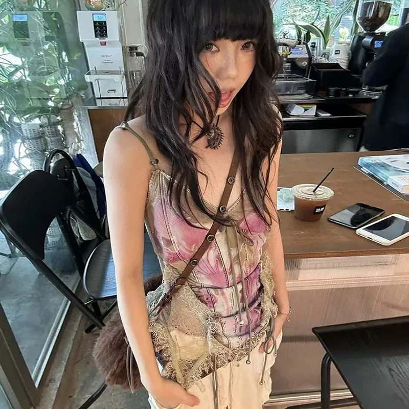Genayooa Gothic Tank Tops Women Sleeveless Tie Dye Y2k Vintage Crop Tops Streetwear 2000s Japanese Lace Up Camis E-girls Summer