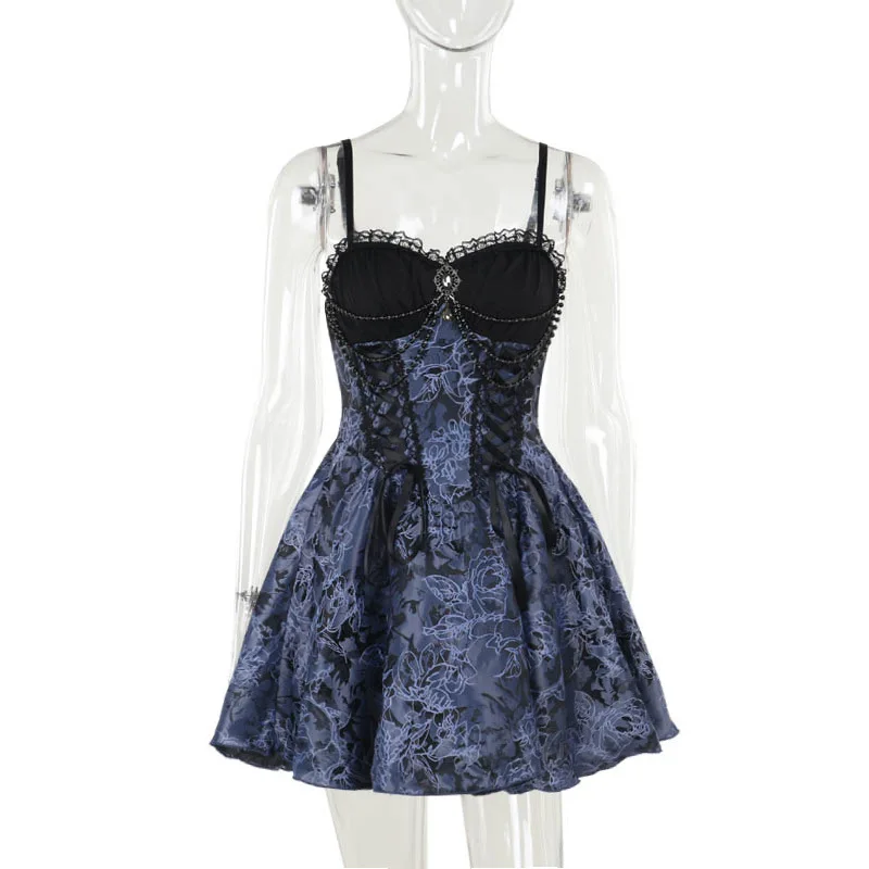 AltGoth Dark Gothic Lolita Dress Women Harajuku Streetwear Aesthetic Fairy Grunge Lace Patchwork Bandage Corset Dress Partywear
