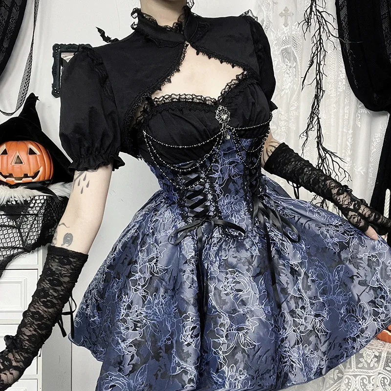 AltGoth Dark Gothic Lolita Dress Women Harajuku Streetwear Aesthetic Fairy Grunge Lace Patchwork Bandage Corset Dress Partywear