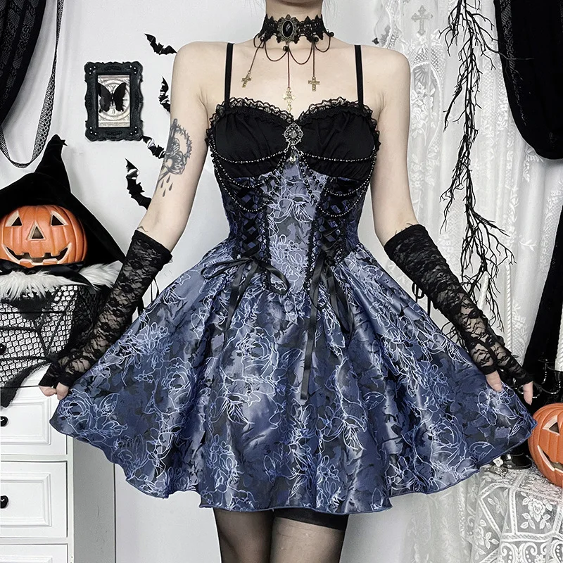 AltGoth Dark Gothic Lolita Dress Women Harajuku Streetwear Aesthetic Fairy Grunge Lace Patchwork Bandage Corset Dress Partywear