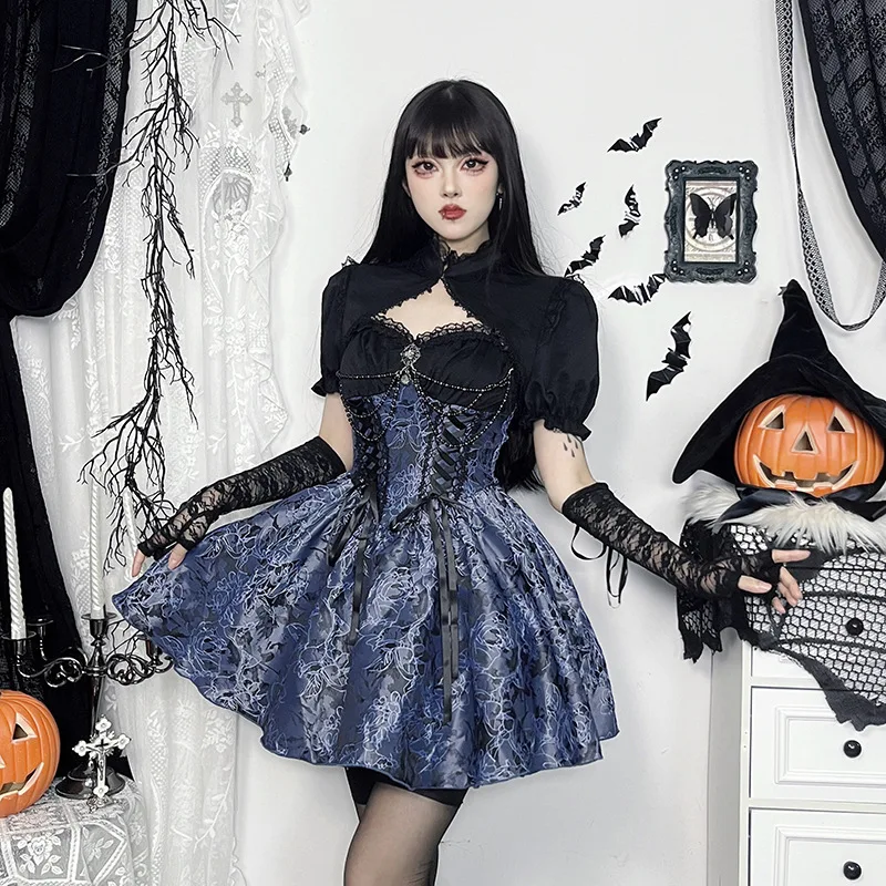 AltGoth Dark Gothic Lolita Dress Women Harajuku Streetwear Aesthetic Fairy Grunge Lace Patchwork Bandage Corset Dress Partywear