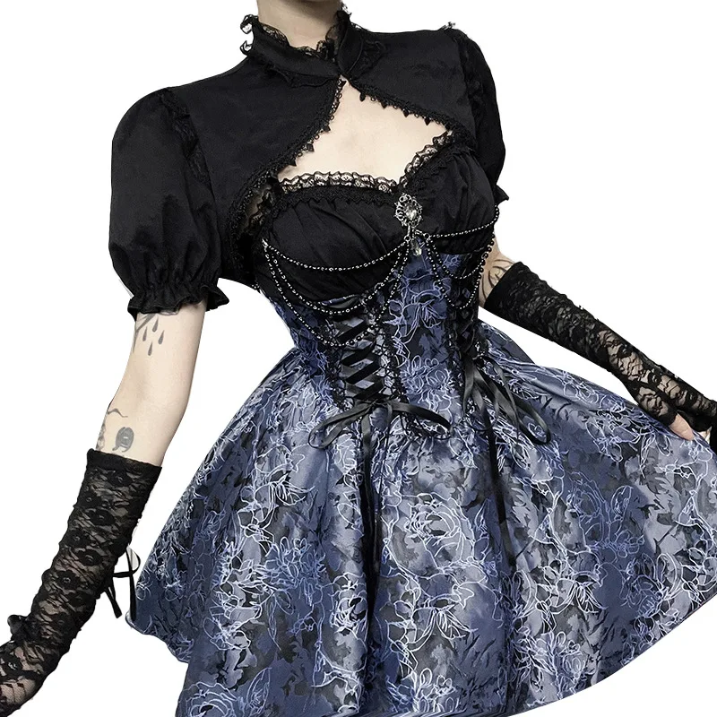 AltGoth Dark Gothic Lolita Dress Women Harajuku Streetwear Aesthetic Fairy Grunge Lace Patchwork Bandage Corset Dress Partywear