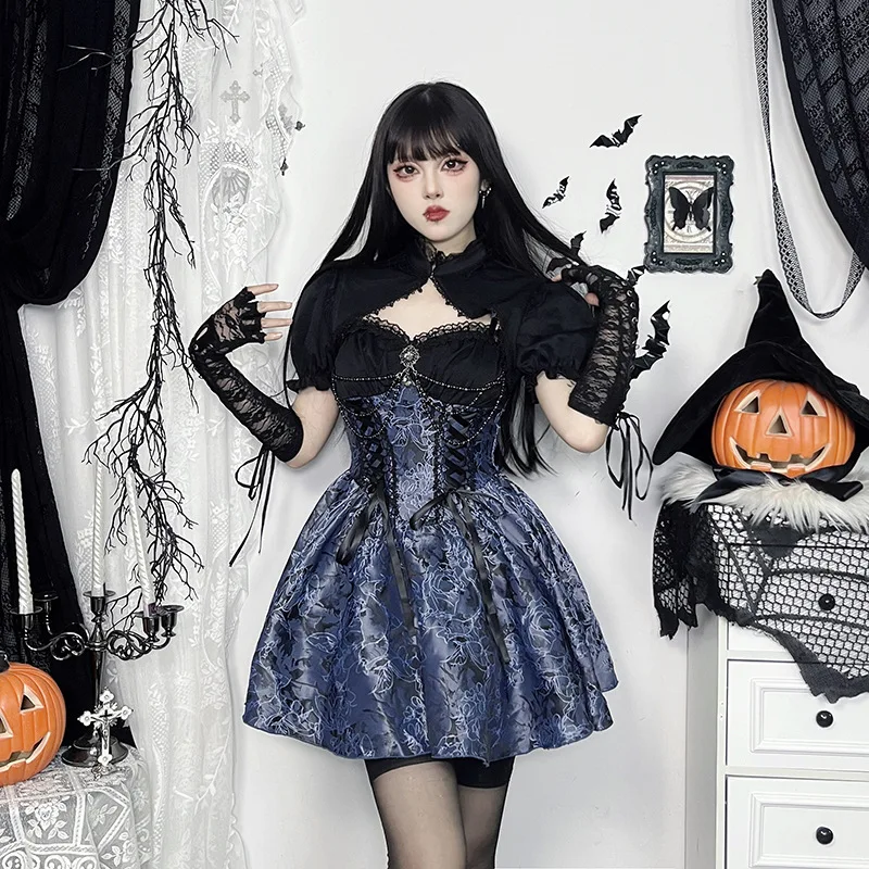 AltGoth Dark Gothic Lolita Dress Women Harajuku Streetwear Aesthetic Fairy Grunge Lace Patchwork Bandage Corset Dress Partywear