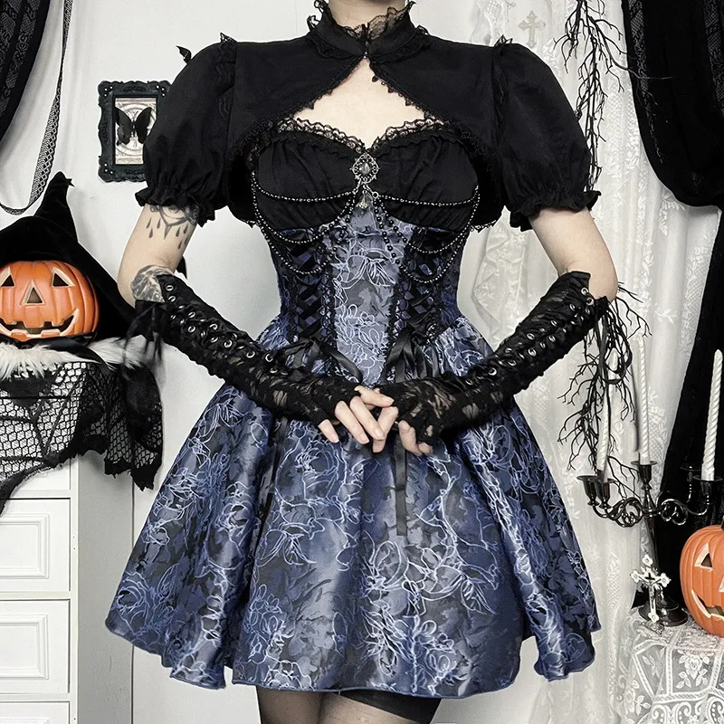 AltGoth Dark Gothic Lolita Dress Women Harajuku Streetwear Aesthetic Fairy Grunge Lace Patchwork Bandage Corset Dress Partywear
