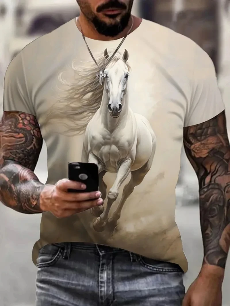Black White Horse Graphic 3d Full Print T-shirt For Men Fashion Short Sleeve Crew Neck Tshirt Casual Summer Oversized Unisex Top