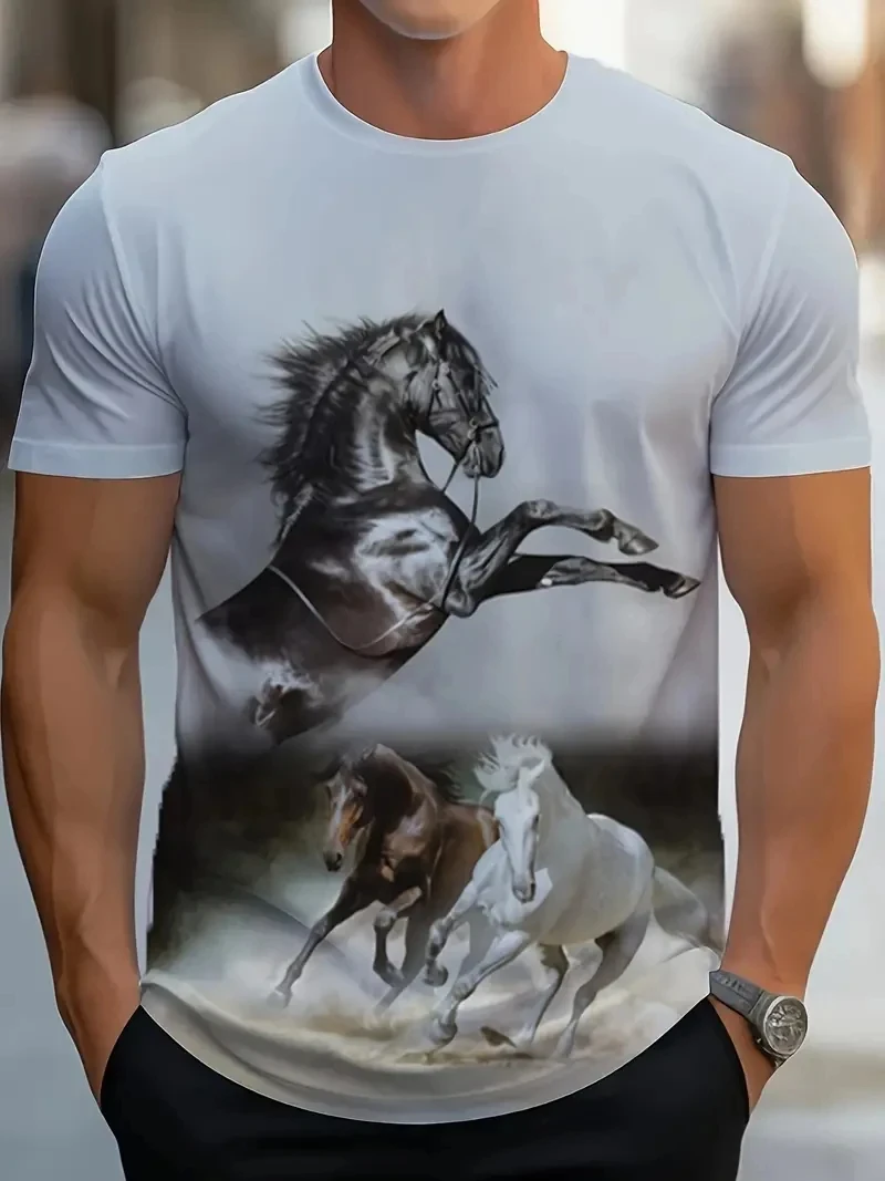 Black White Horse Graphic 3d Full Print T-shirt For Men Fashion Short Sleeve Crew Neck Tshirt Casual Summer Oversized Unisex Top