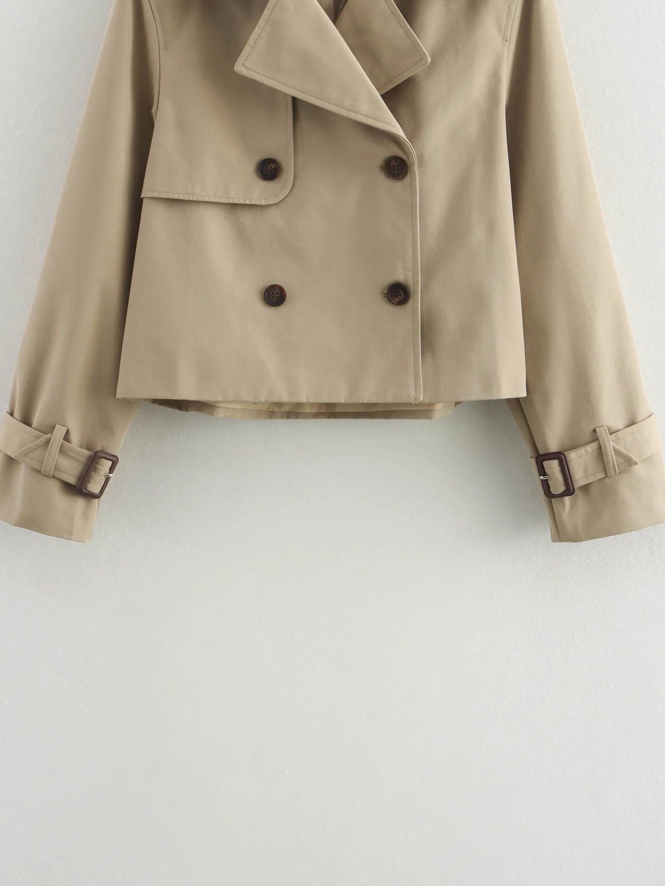YENKYE New Autumn Women Solid Cropped Trench Coat Vintage Double Breasted Long Sleeve Short Jacket Lapel Collar Windbreaker