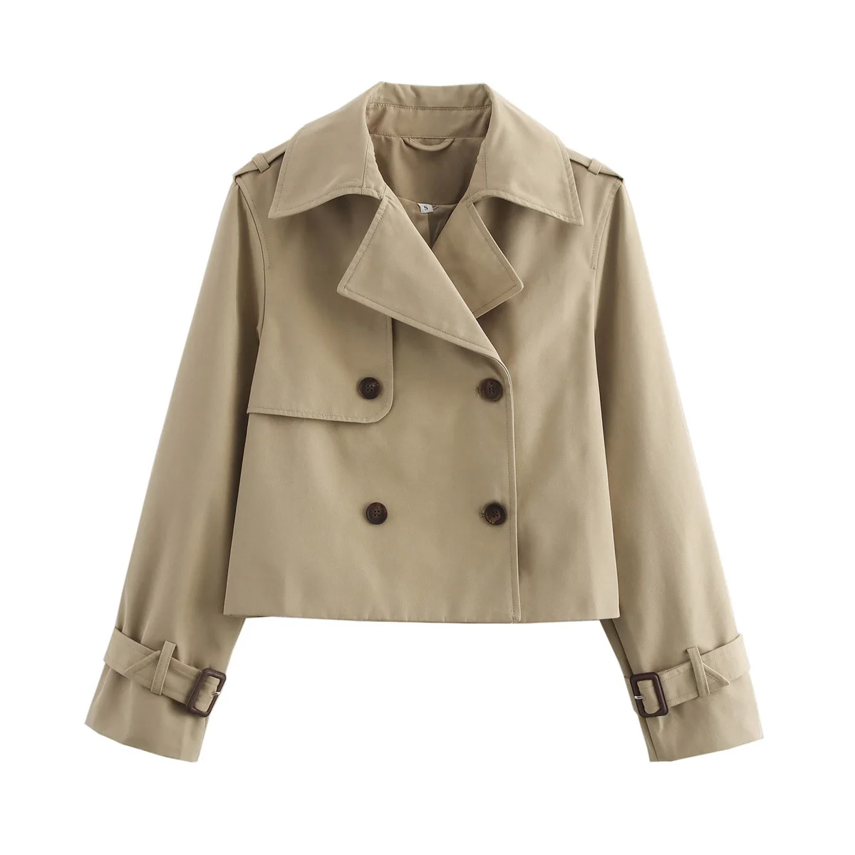 YENKYE New Autumn Women Solid Cropped Trench Coat Vintage Double Breasted Long Sleeve Short Jacket Lapel Collar Windbreaker