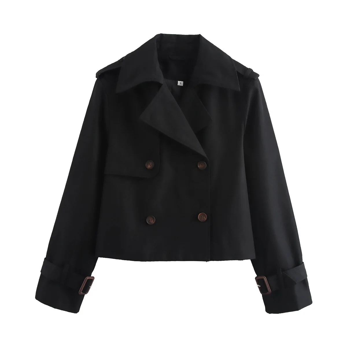 YENKYE New Autumn Women Solid Cropped Trench Coat Vintage Double Breasted Long Sleeve Short Jacket Lapel Collar Windbreaker