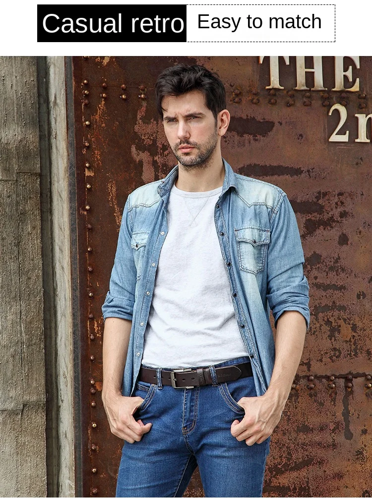 Belt men's genuine leather, genuine cowhide, handmade needle buckle, plant tanned top layer cowhidebelt, casual retro denim