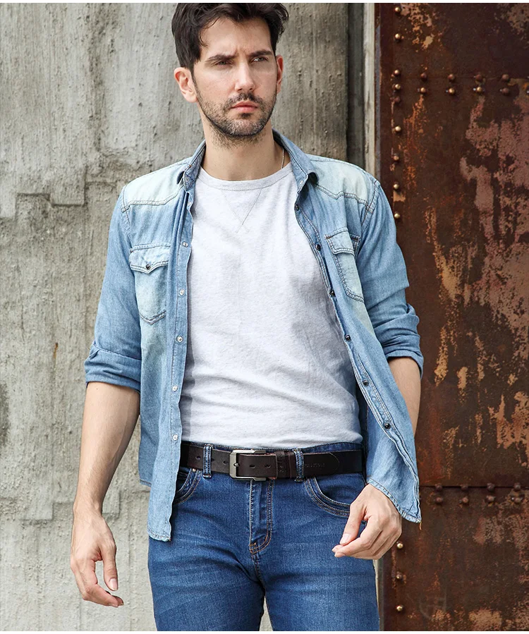 Belt men's genuine leather, genuine cowhide, handmade needle buckle, plant tanned top layer cowhidebelt, casual retro denim