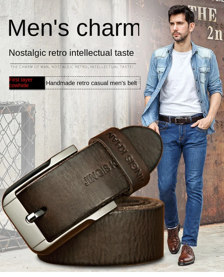 Belt men's genuine leather, genuine cowhide, handmade needle buckle, plant tanned top layer cowhidebelt, casual retro denim