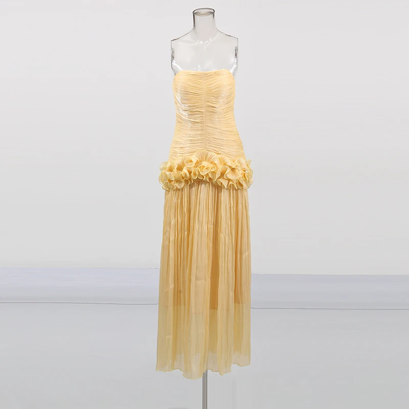 TWOTWINSTYLE Tempatement Patchwork Ruffle Slim Dress For Women Strapless High Waist Ruched Midi Elegant Dresses Female Fashion