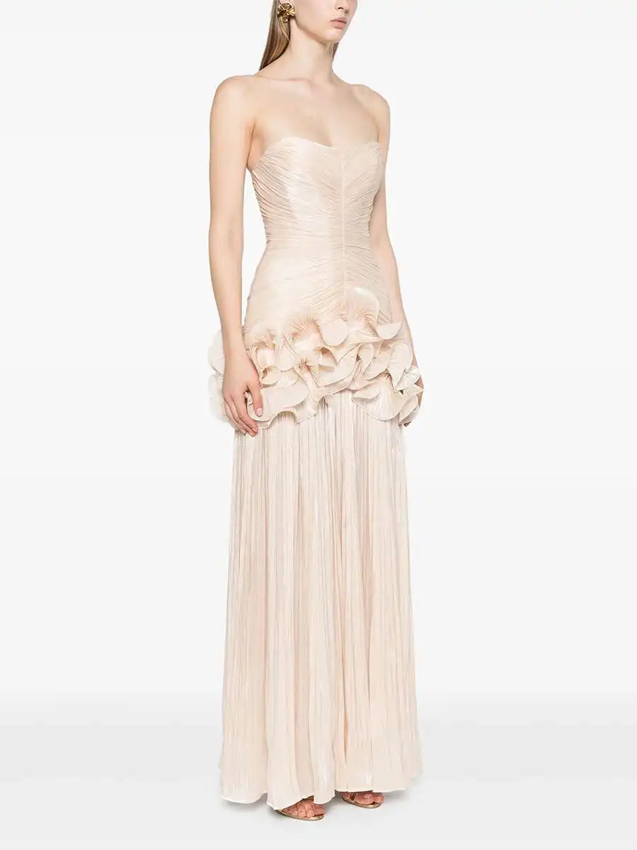 TWOTWINSTYLE Tempatement Patchwork Ruffle Slim Dress For Women Strapless High Waist Ruched Midi Elegant Dresses Female Fashion