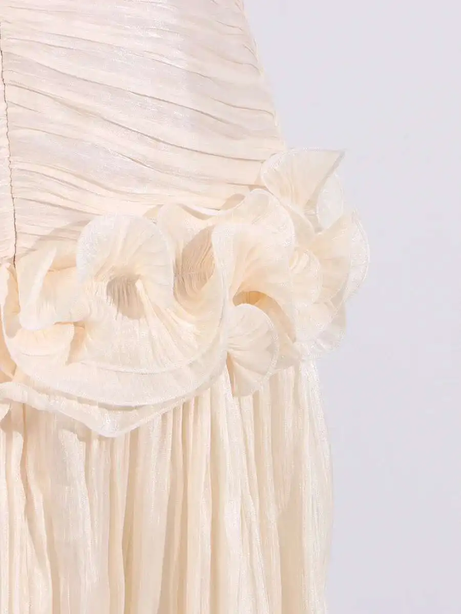 TWOTWINSTYLE Tempatement Patchwork Ruffle Slim Dress For Women Strapless High Waist Ruched Midi Elegant Dresses Female Fashion