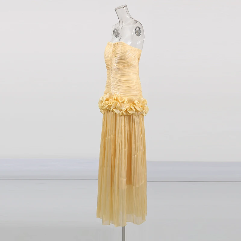 TWOTWINSTYLE Tempatement Patchwork Ruffle Slim Dress For Women Strapless High Waist Ruched Midi Elegant Dresses Female Fashion