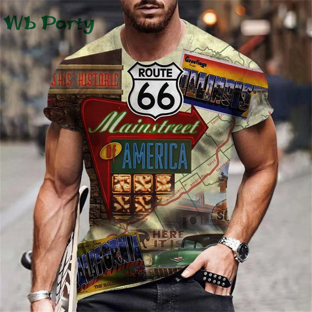 Vintage Men's T-shirt Route 66 Biker Print T-shirts for Man Gym Clothing Short Sleeve Tee Men T-shirts Mens Clothing O-Neck Tops