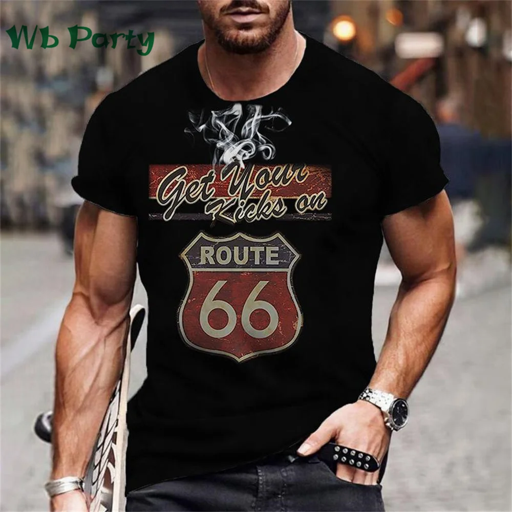 Vintage Men's T-shirt Route 66 Biker Print T-shirts for Man Gym Clothing Short Sleeve Tee Men T-shirts Mens Clothing O-Neck Tops