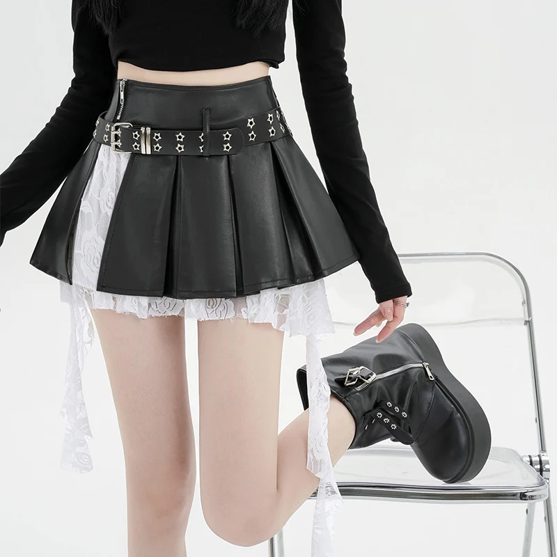 Women's Black Gothic Spliced Lace Edge A-line Mini Skirt Y2K Harajuku 2000s Style Academy Retro Cute Short Skirt Clothing 2024