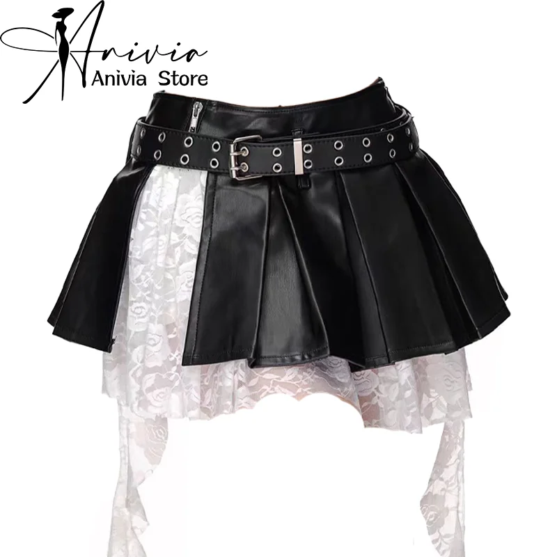 Women's Black Gothic Spliced Lace Edge A-line Mini Skirt Y2K Harajuku 2000s Style Academy Retro Cute Short Skirt Clothing 2024