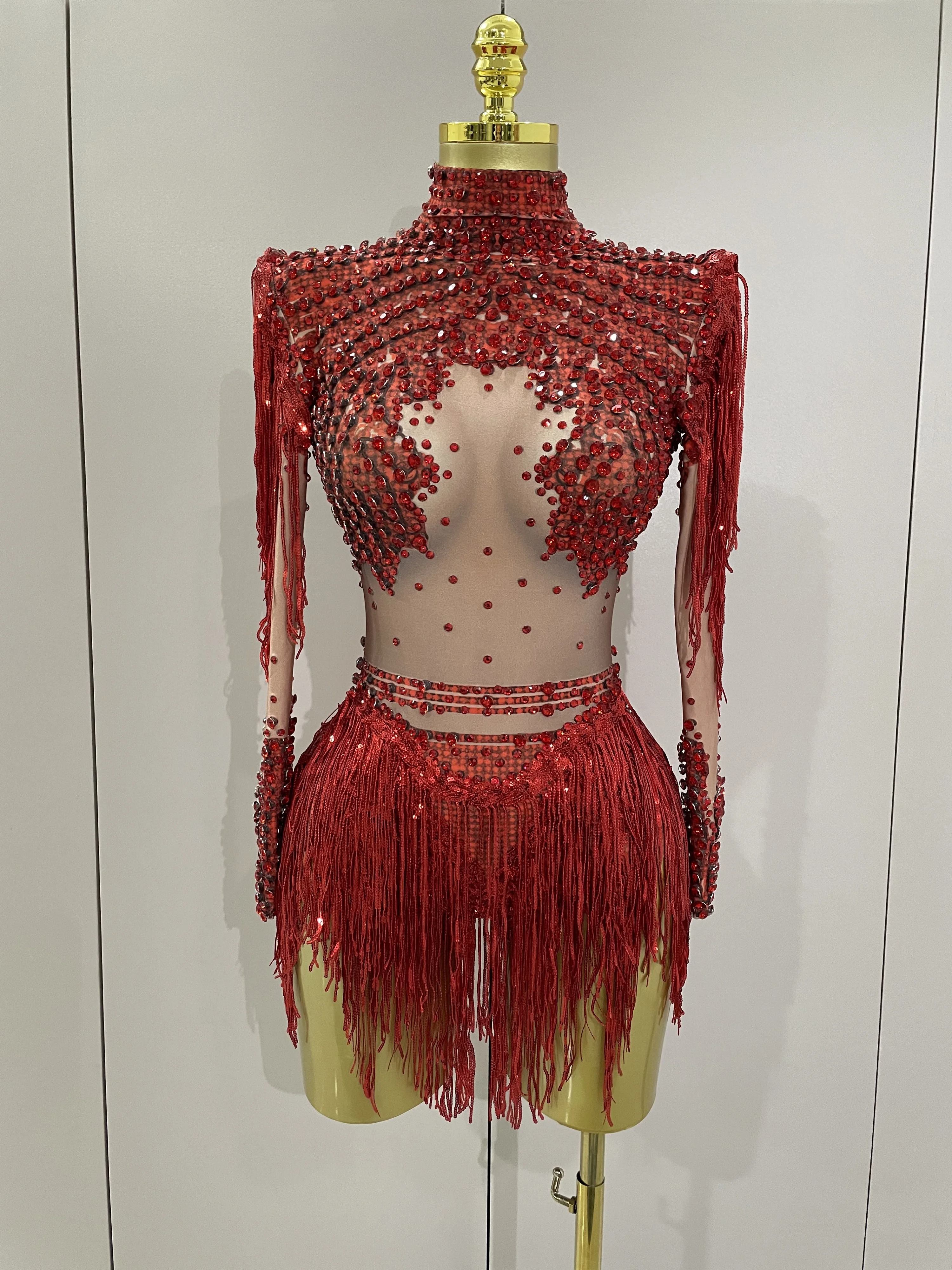 Women Sparkly Rhinestone Sequin Tassel Stretch Bodysuits 2025 New Arrival Birthday Party Nightclub Dj Stage Performance Costume