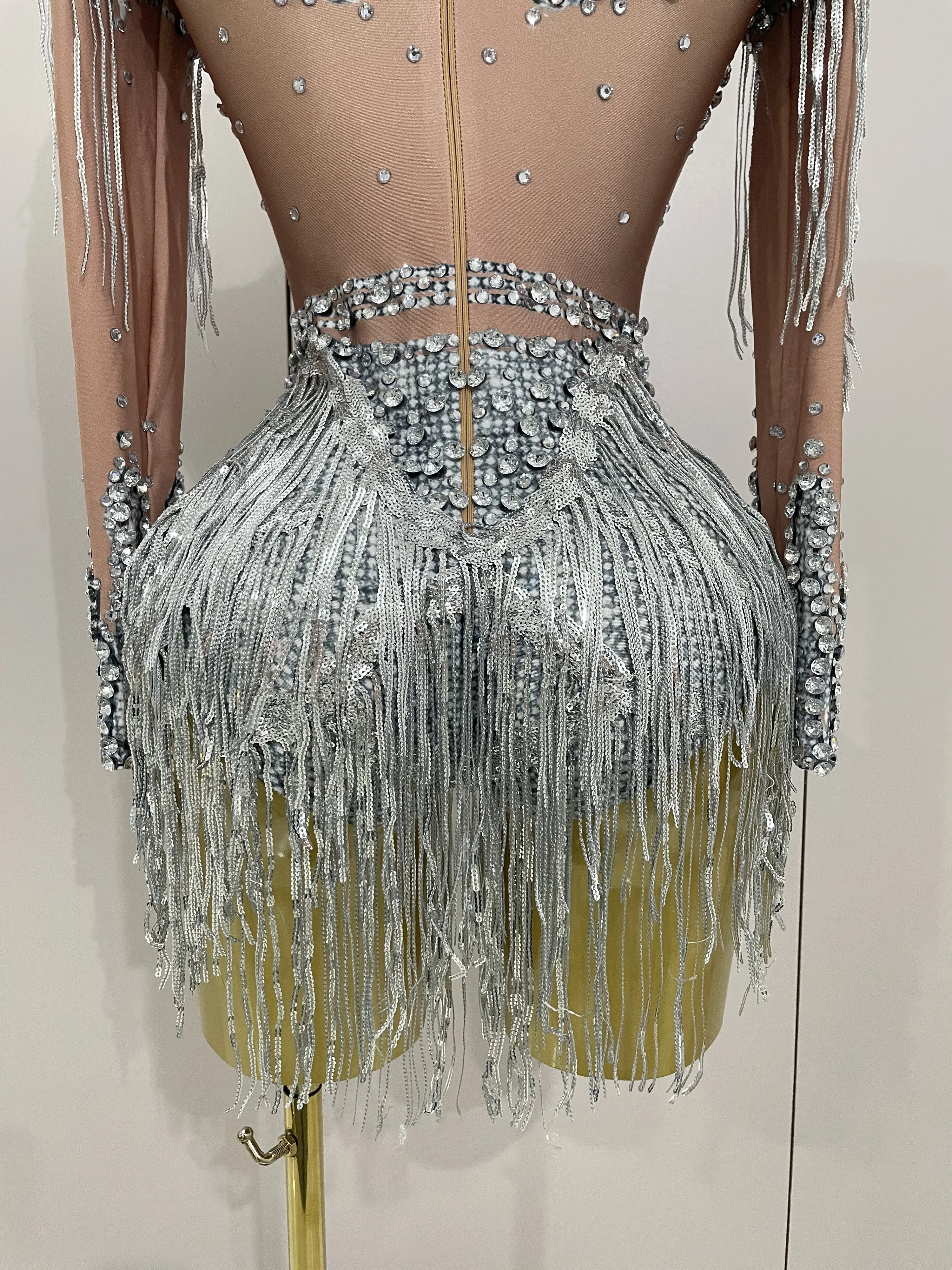 Women Sparkly Rhinestone Sequin Tassel Stretch Bodysuits 2025 New Arrival Birthday Party Nightclub Dj Stage Performance Costume