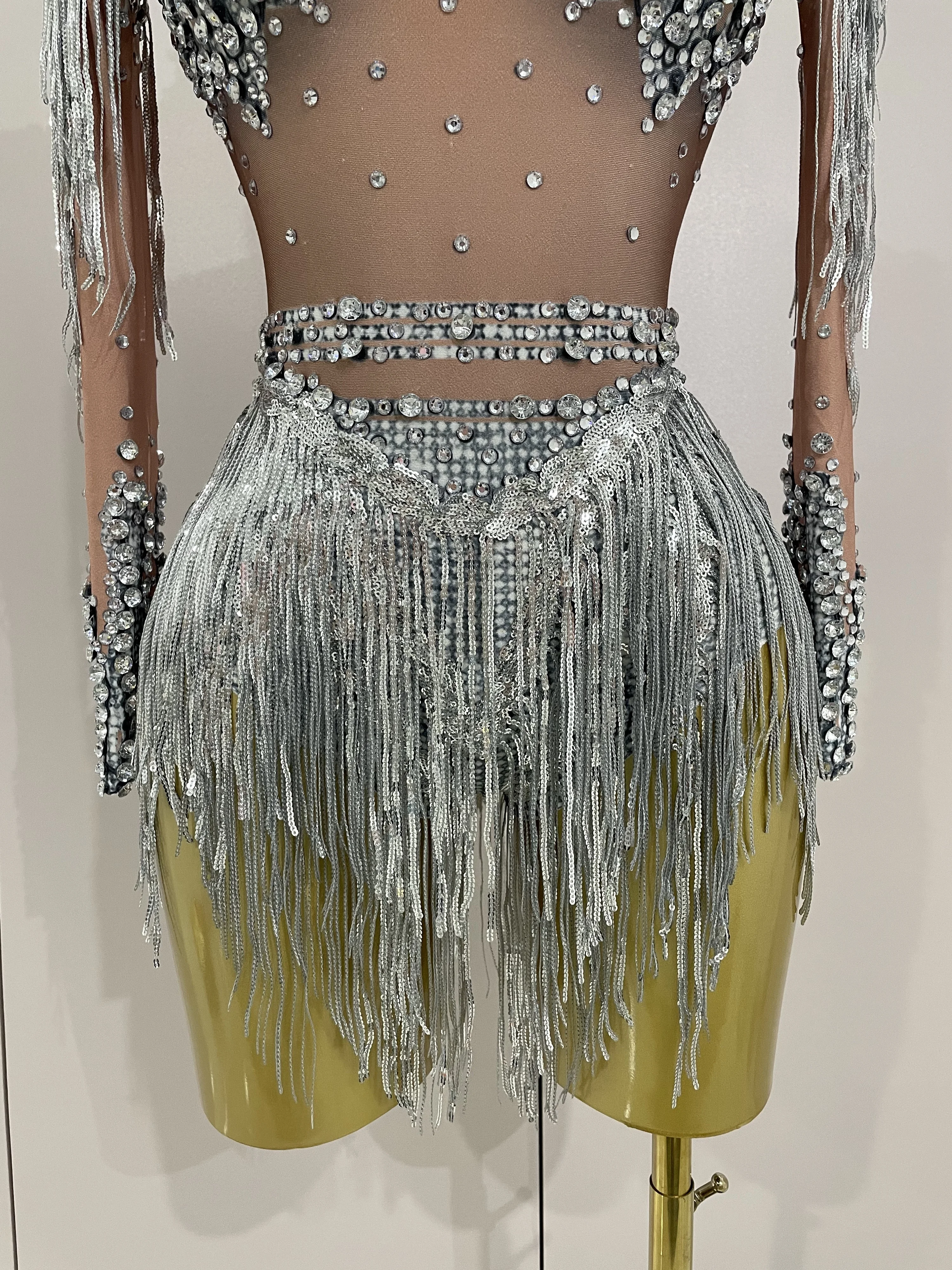 Women Sparkly Rhinestone Sequin Tassel Stretch Bodysuits 2025 New Arrival Birthday Party Nightclub Dj Stage Performance Costume