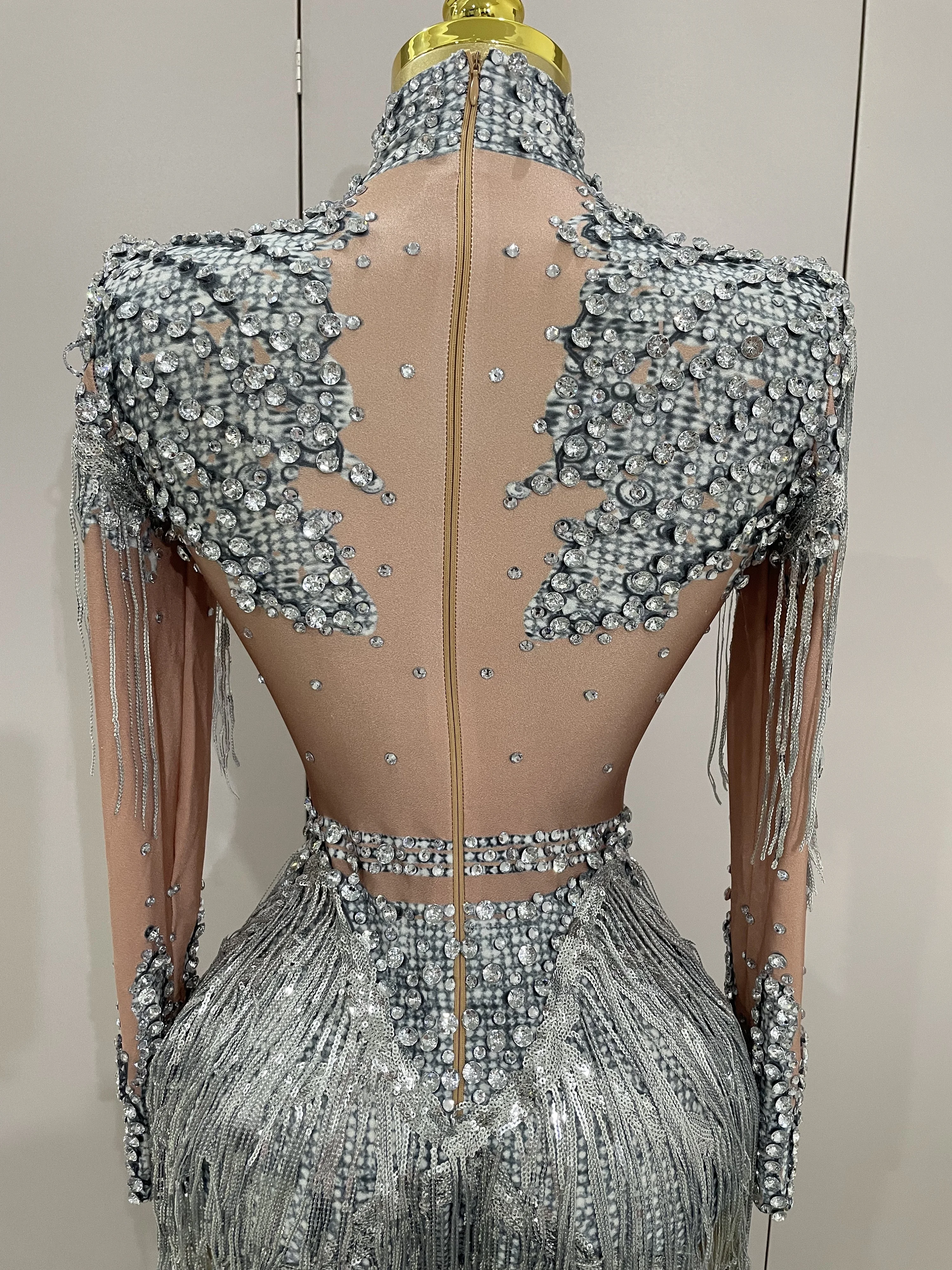 Women Sparkly Rhinestone Sequin Tassel Stretch Bodysuits 2025 New Arrival Birthday Party Nightclub Dj Stage Performance Costume