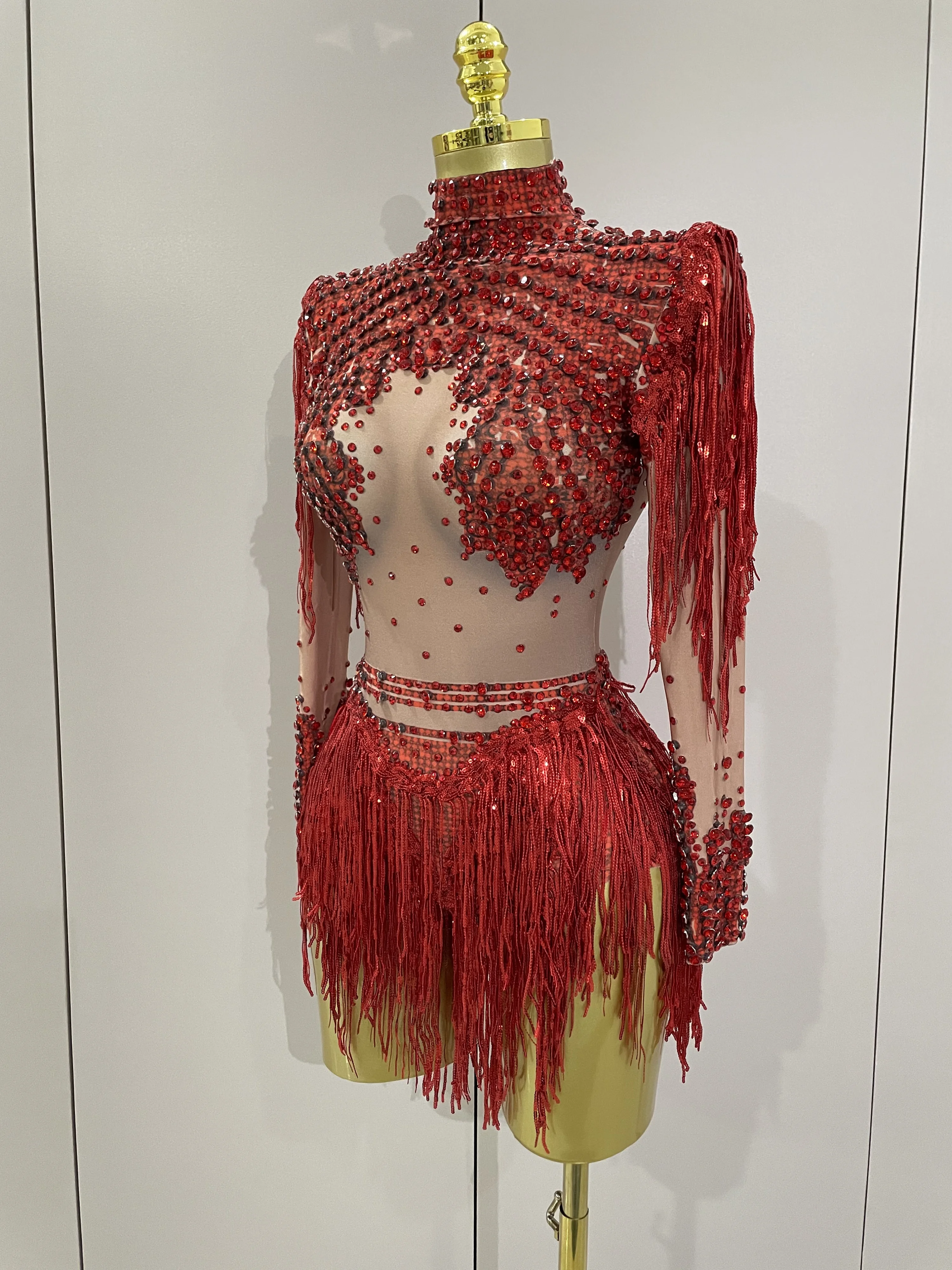 Women Sparkly Rhinestone Sequin Tassel Stretch Bodysuits 2025 New Arrival Birthday Party Nightclub Dj Stage Performance Costume
