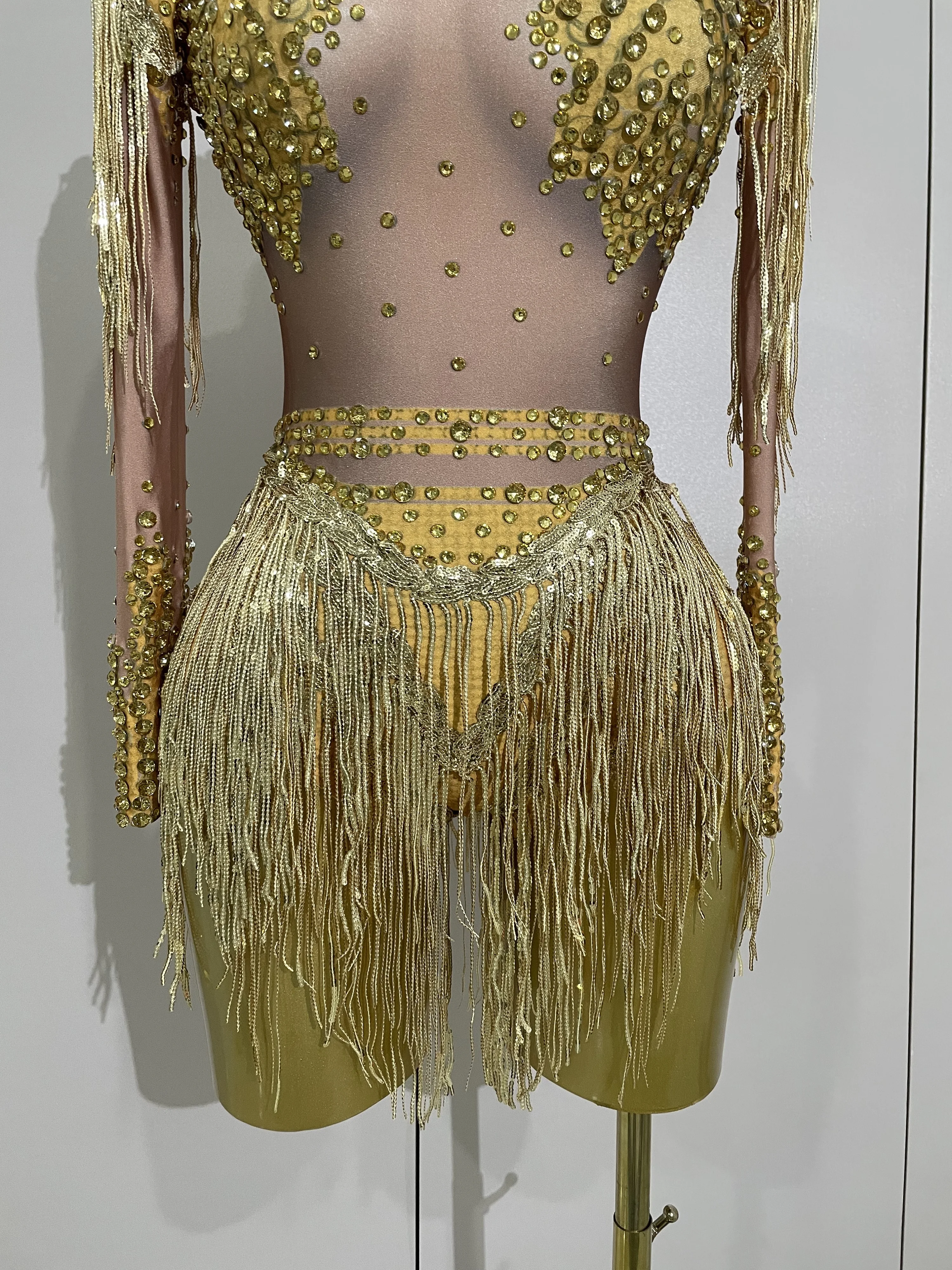 Women Sparkly Rhinestone Sequin Tassel Stretch Bodysuits 2025 New Arrival Birthday Party Nightclub Dj Stage Performance Costume