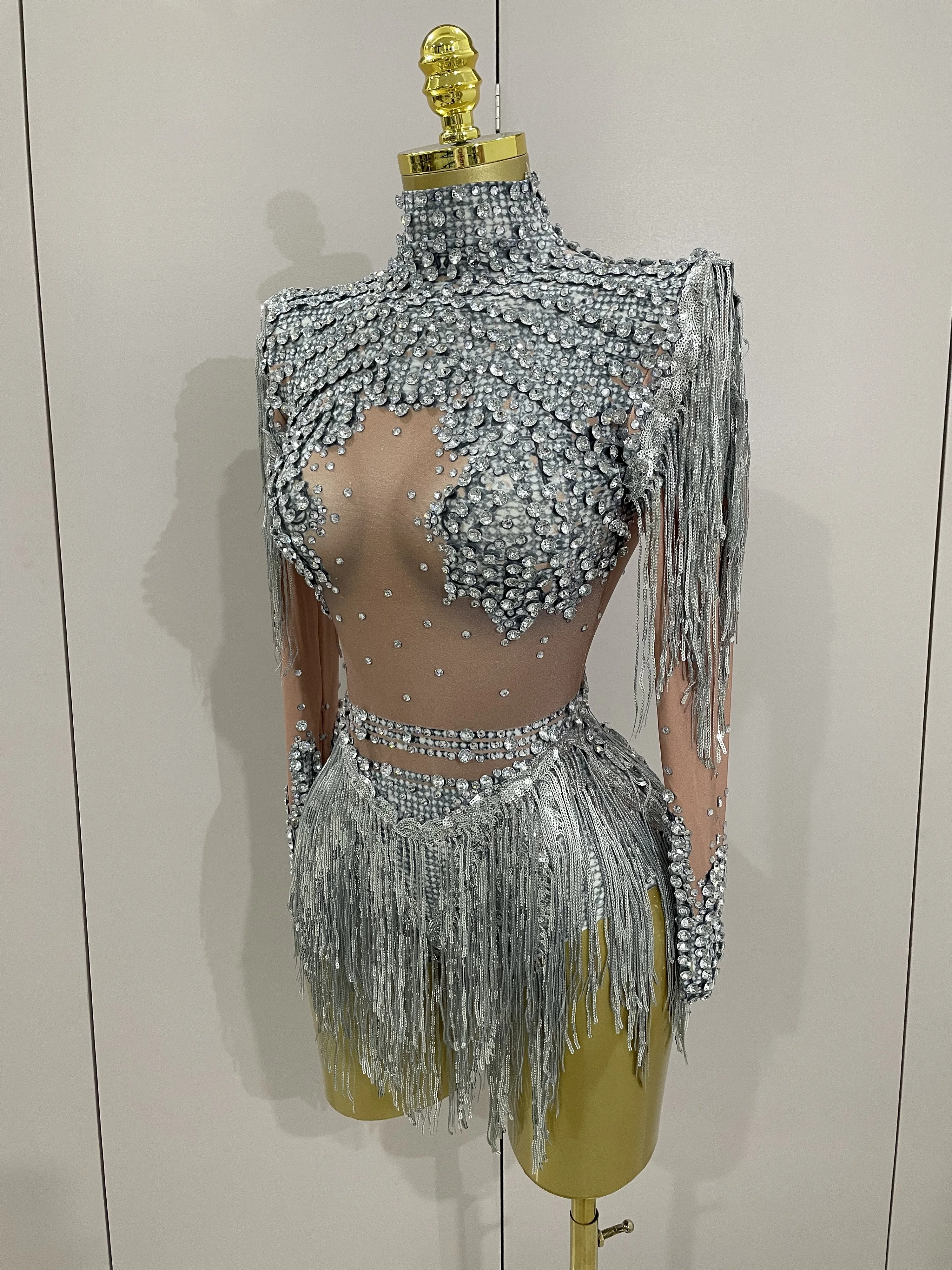 Women Sparkly Rhinestone Sequin Tassel Stretch Bodysuits 2025 New Arrival Birthday Party Nightclub Dj Stage Performance Costume