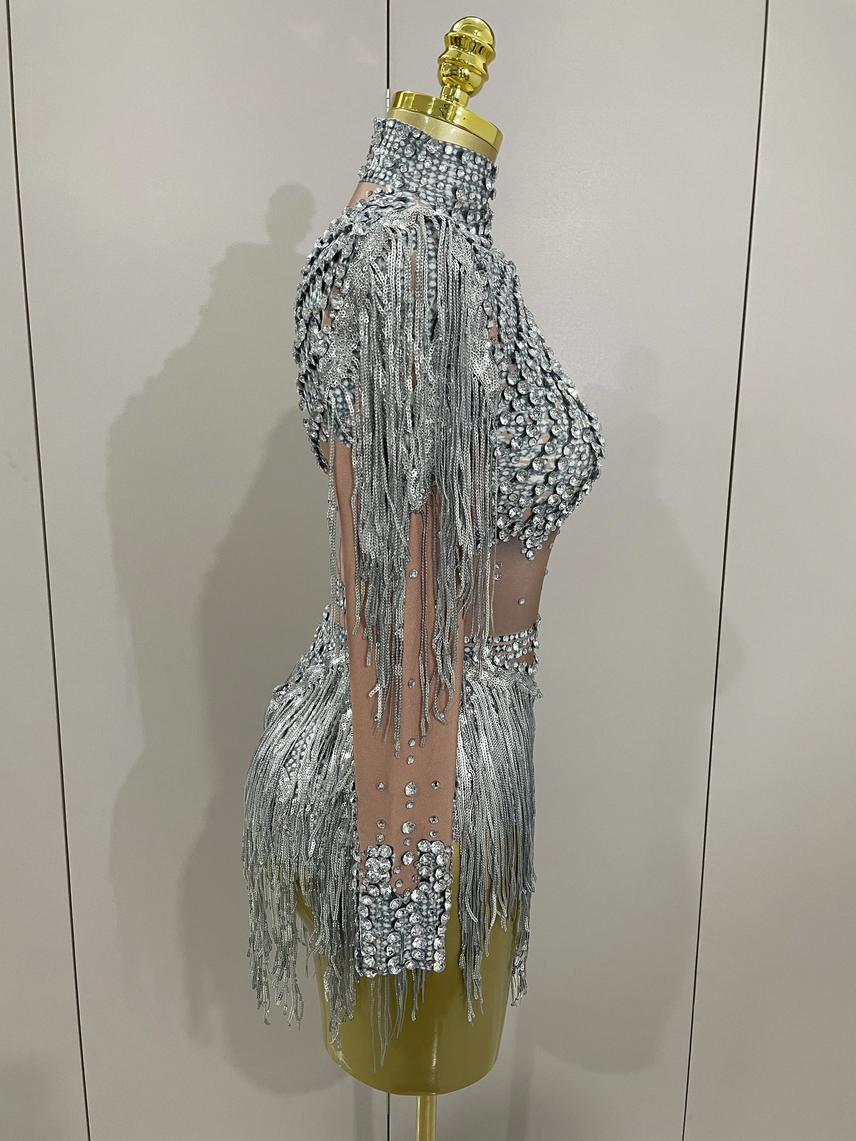 Women Sparkly Rhinestone Sequin Tassel Stretch Bodysuits 2025 New Arrival Birthday Party Nightclub Dj Stage Performance Costume