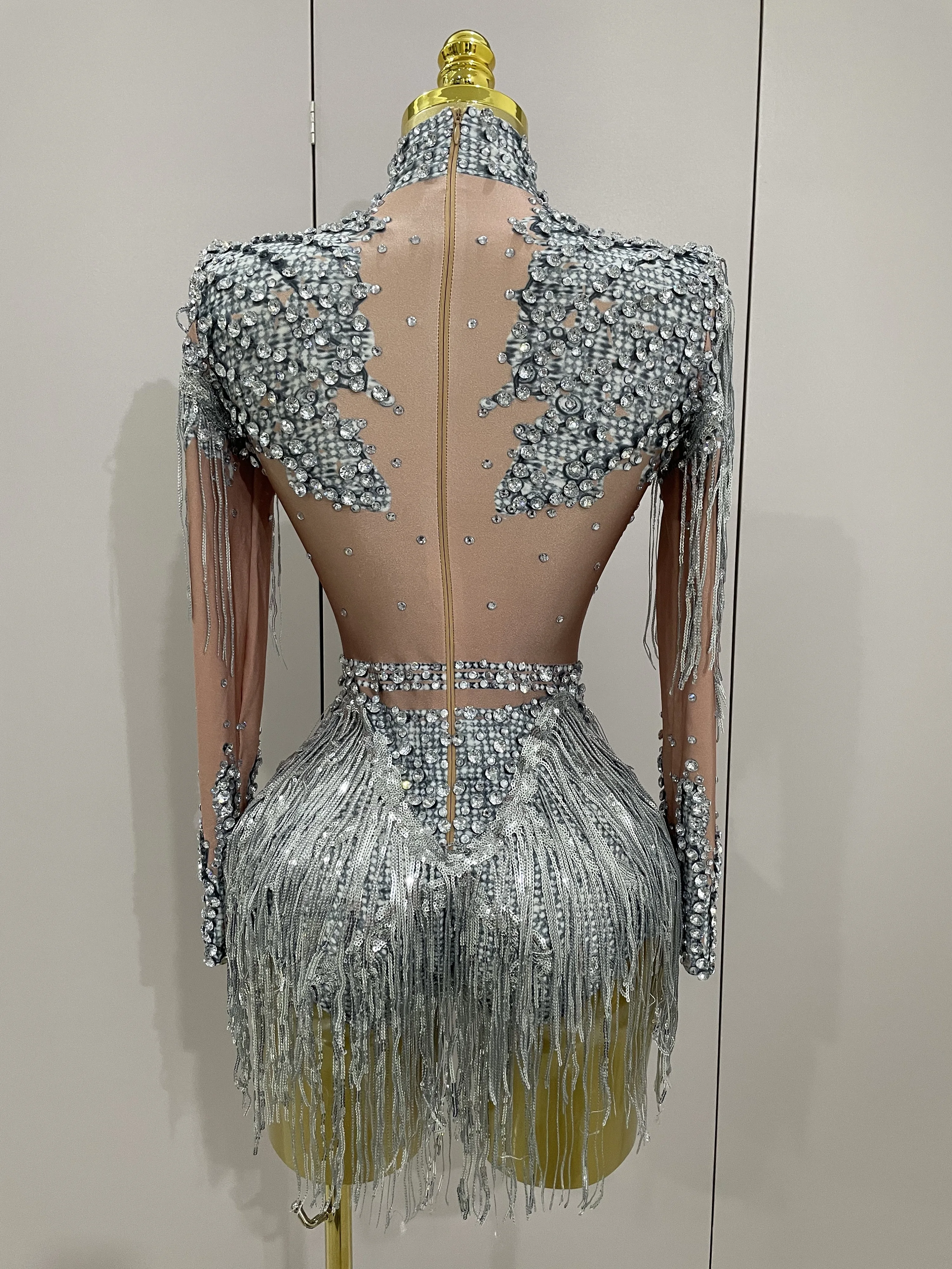 Women Sparkly Rhinestone Sequin Tassel Stretch Bodysuits 2025 New Arrival Birthday Party Nightclub Dj Stage Performance Costume