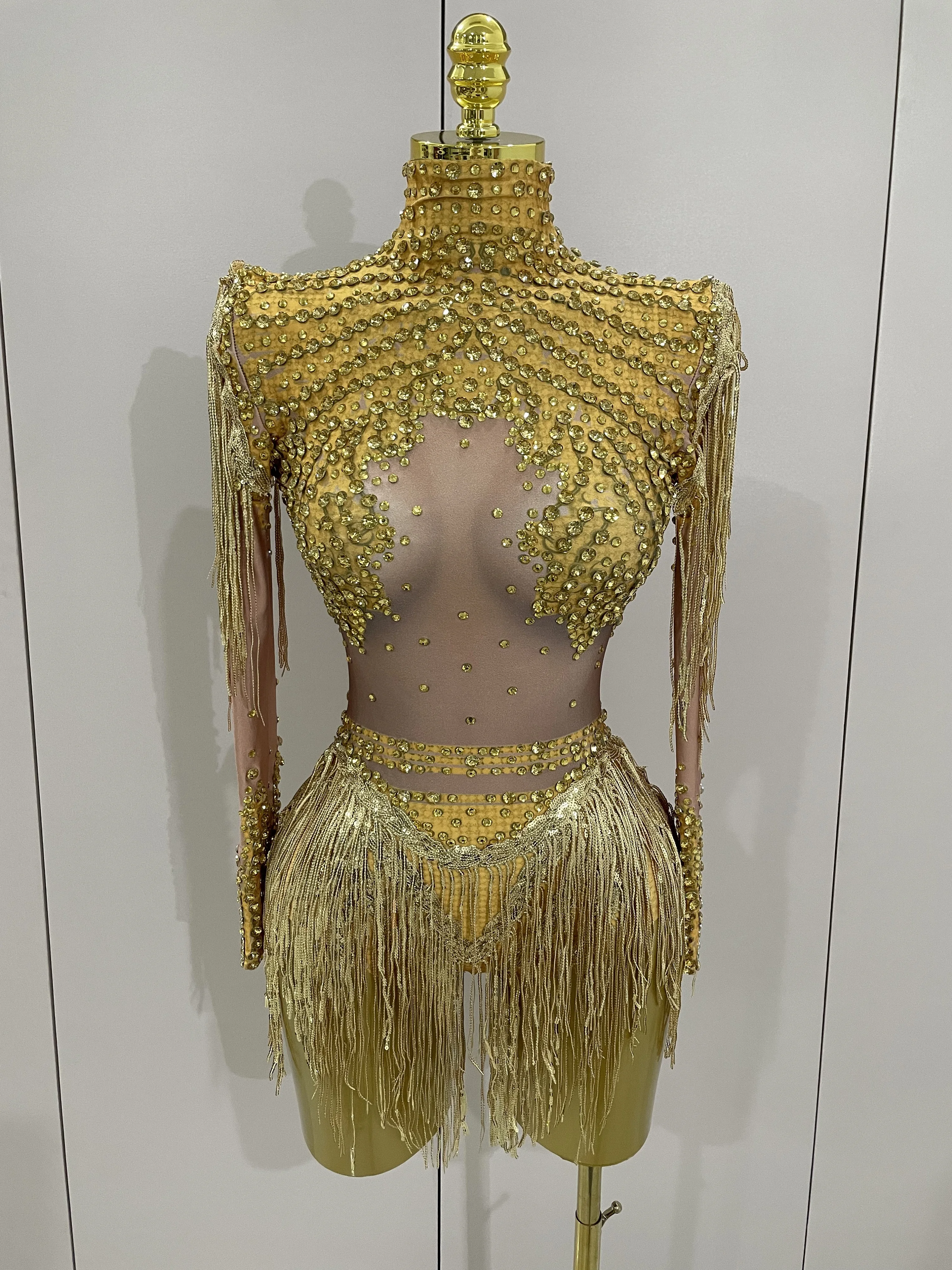 Women Sparkly Rhinestone Sequin Tassel Stretch Bodysuits 2025 New Arrival Birthday Party Nightclub Dj Stage Performance Costume