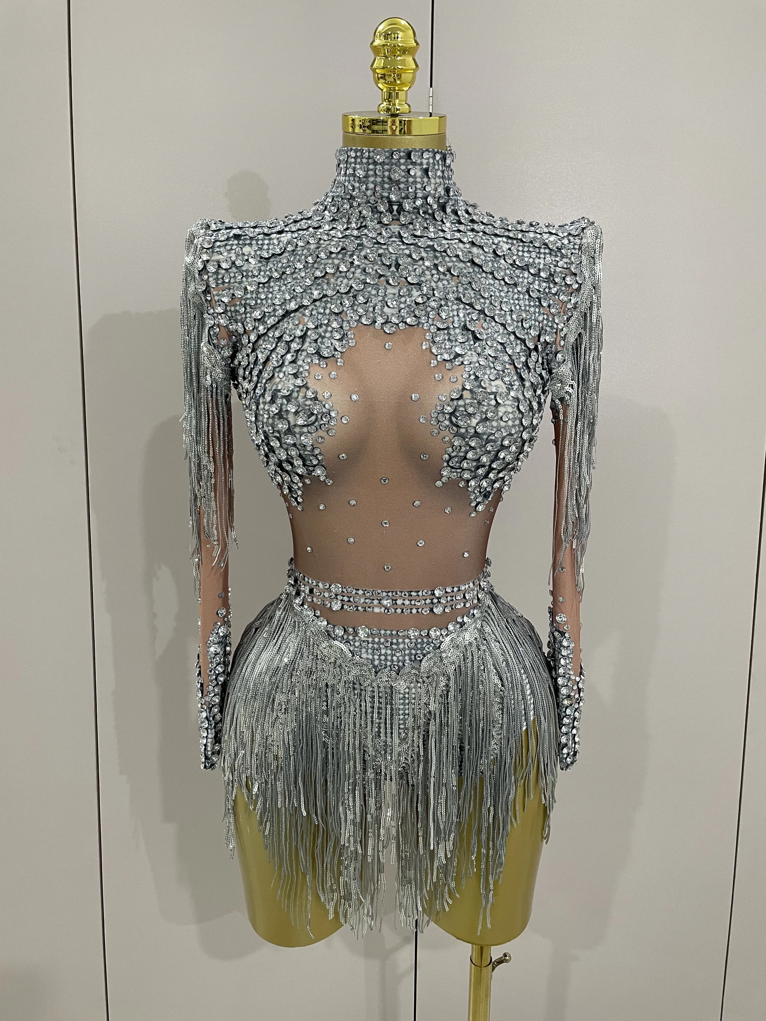 Women Sparkly Rhinestone Sequin Tassel Stretch Bodysuits 2025 New Arrival Birthday Party Nightclub Dj Stage Performance Costume