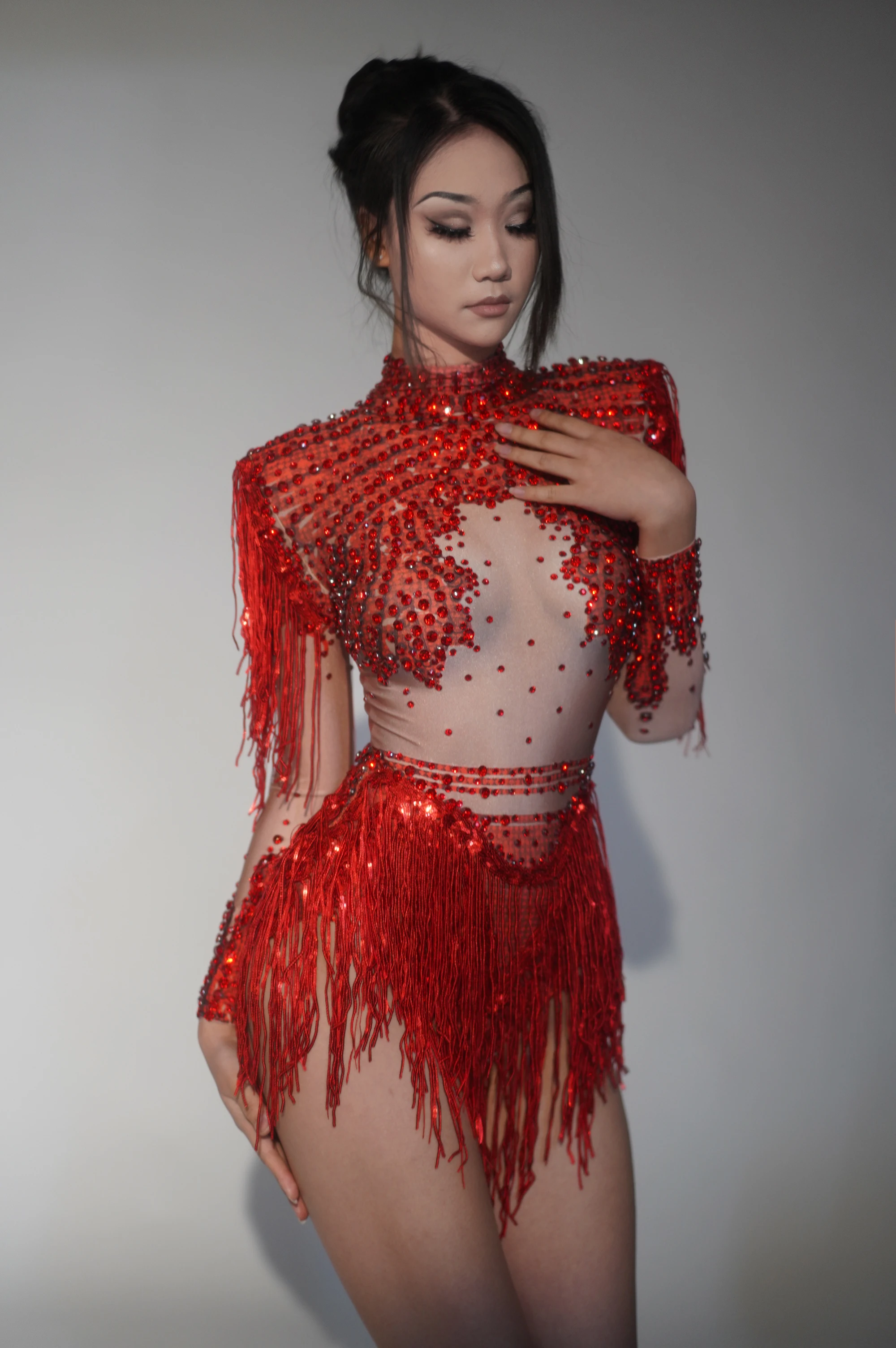 Women Sparkly Rhinestone Sequin Tassel Stretch Bodysuits 2025 New Arrival Birthday Party Nightclub Dj Stage Performance Costume
