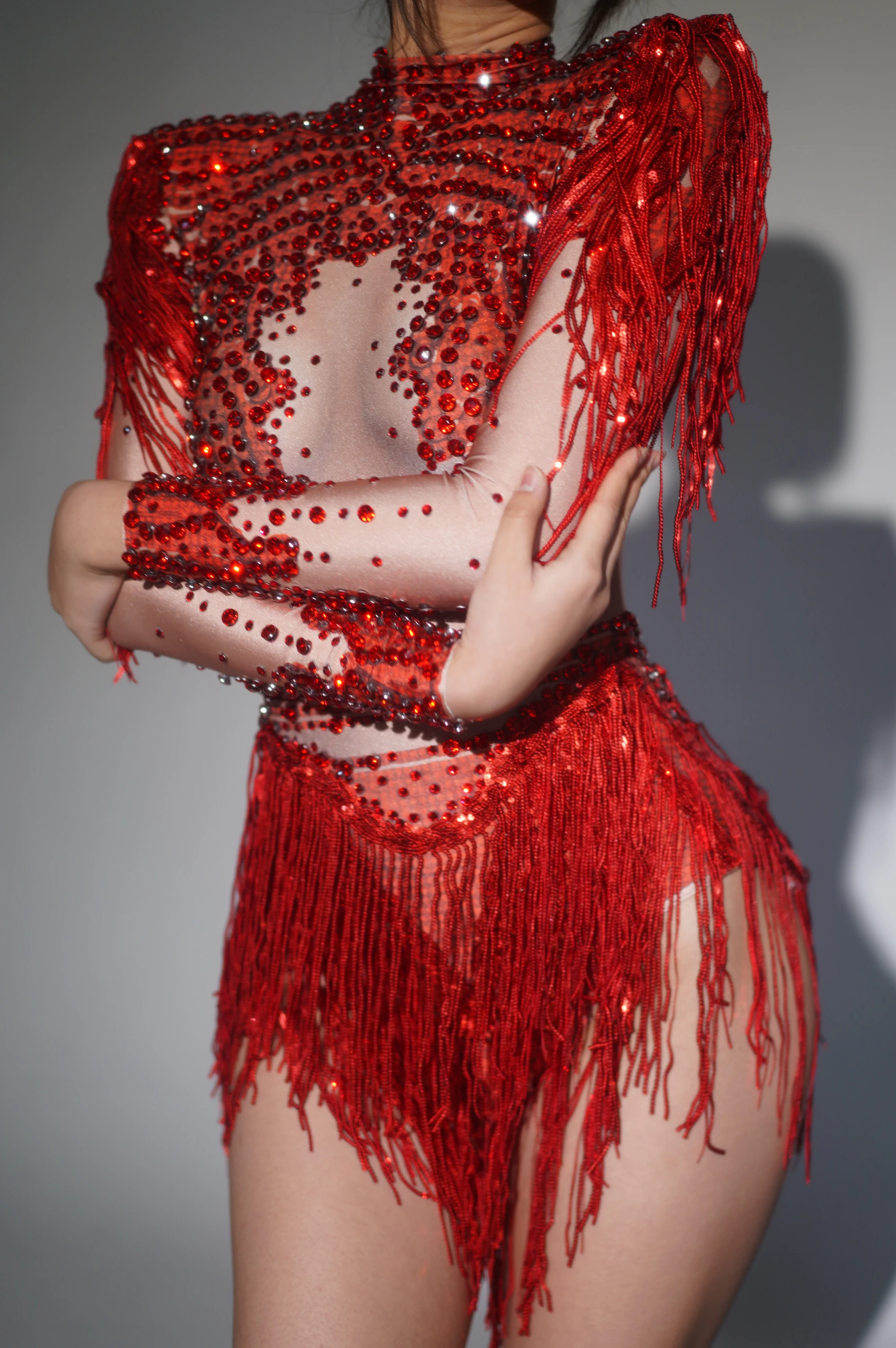 Women Sparkly Rhinestone Sequin Tassel Stretch Bodysuits 2025 New Arrival Birthday Party Nightclub Dj Stage Performance Costume