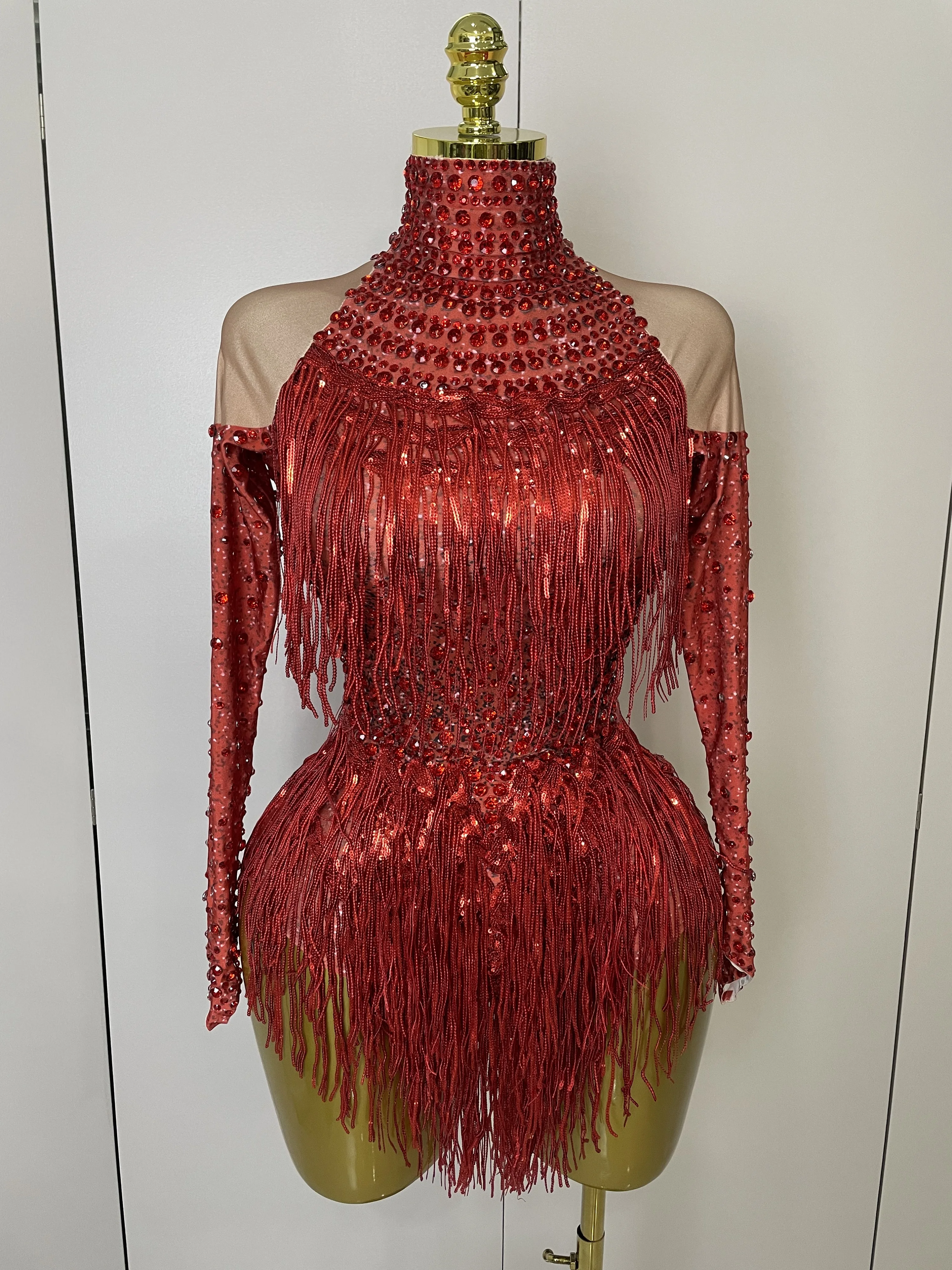 Women Sparkly Rhinestone Sequin Tassel Stretch Bodysuits 2025 New Arrival Birthday Party Nightclub Dj Stage Performance Costume