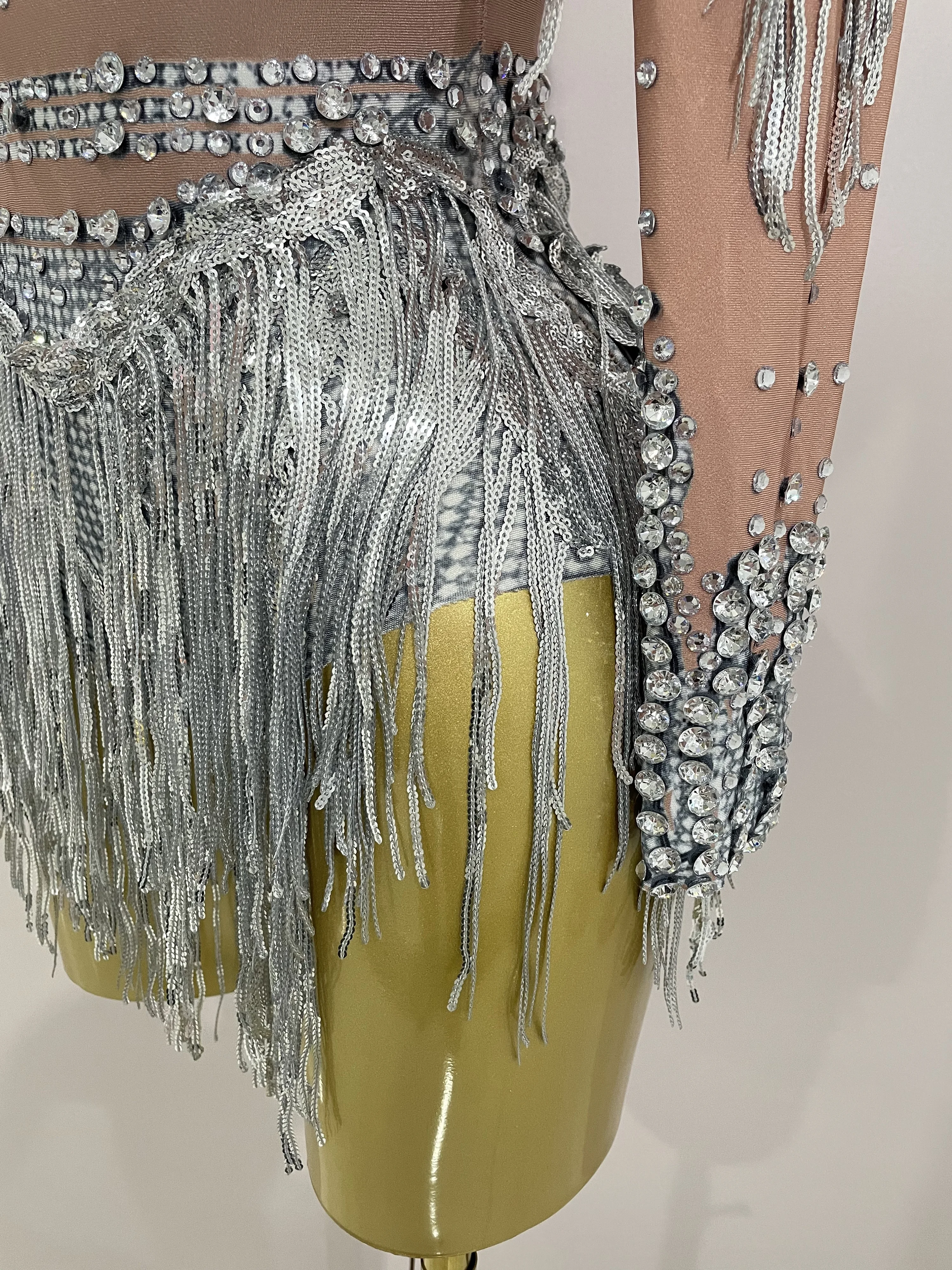 Women Sparkly Rhinestone Sequin Tassel Stretch Bodysuits 2025 New Arrival Birthday Party Nightclub Dj Stage Performance Costume