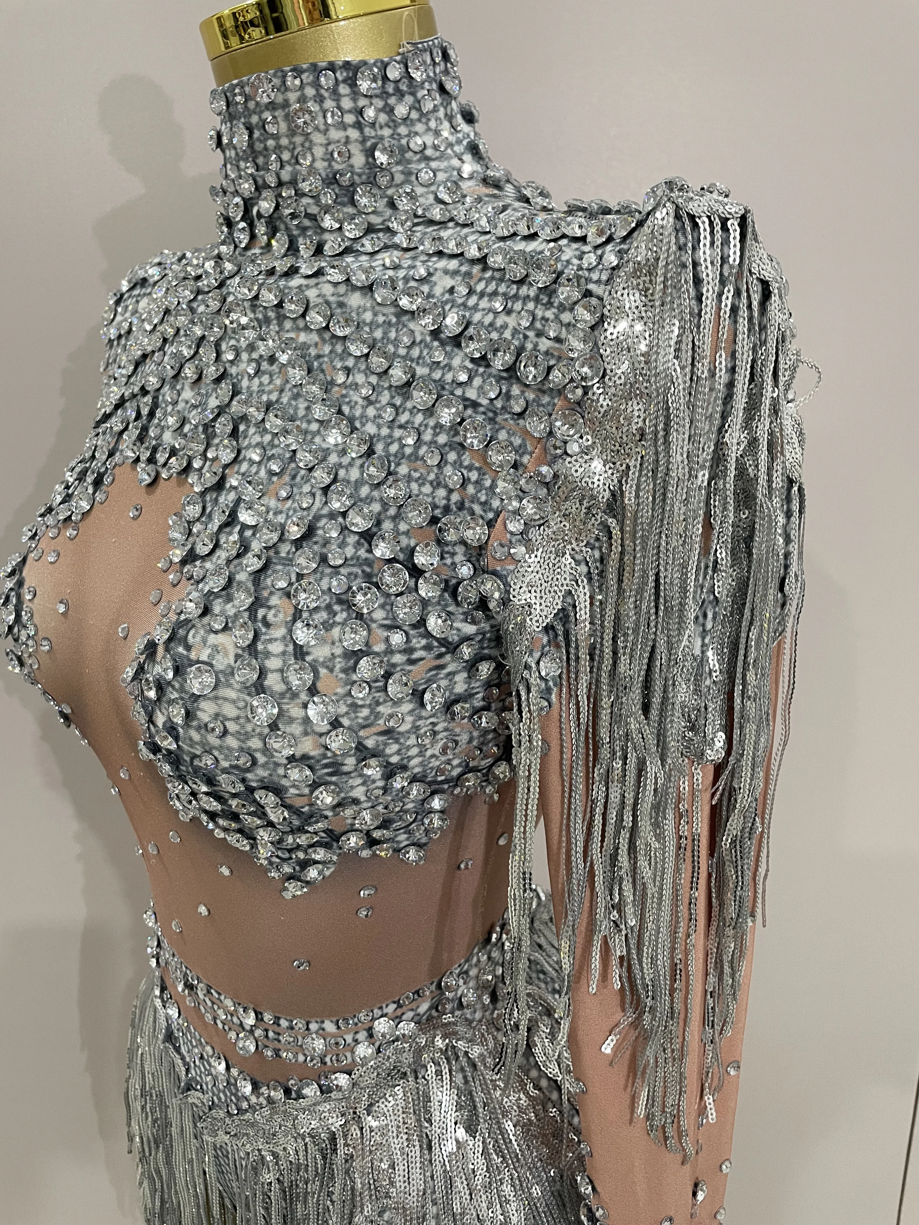 Women Sparkly Rhinestone Sequin Tassel Stretch Bodysuits 2025 New Arrival Birthday Party Nightclub Dj Stage Performance Costume