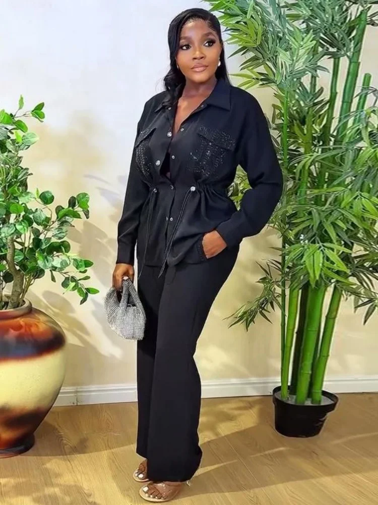 Wmstar Two Piece Set Women Wholesale Stylish Cinched Waist Shirt Long Sleeved Cardigan Long Pants Fancy Club Outfits Summer