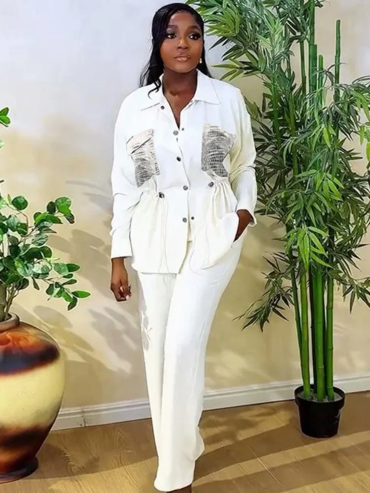 Wmstar Two Piece Set Women Wholesale Stylish Cinched Waist Shirt Long Sleeved Cardigan Long Pants Fancy Club Outfits Summer