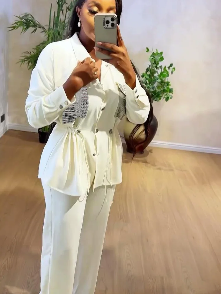 Wmstar Two Piece Set Women Wholesale Stylish Cinched Waist Shirt Long Sleeved Cardigan Long Pants Fancy Club Outfits Summer